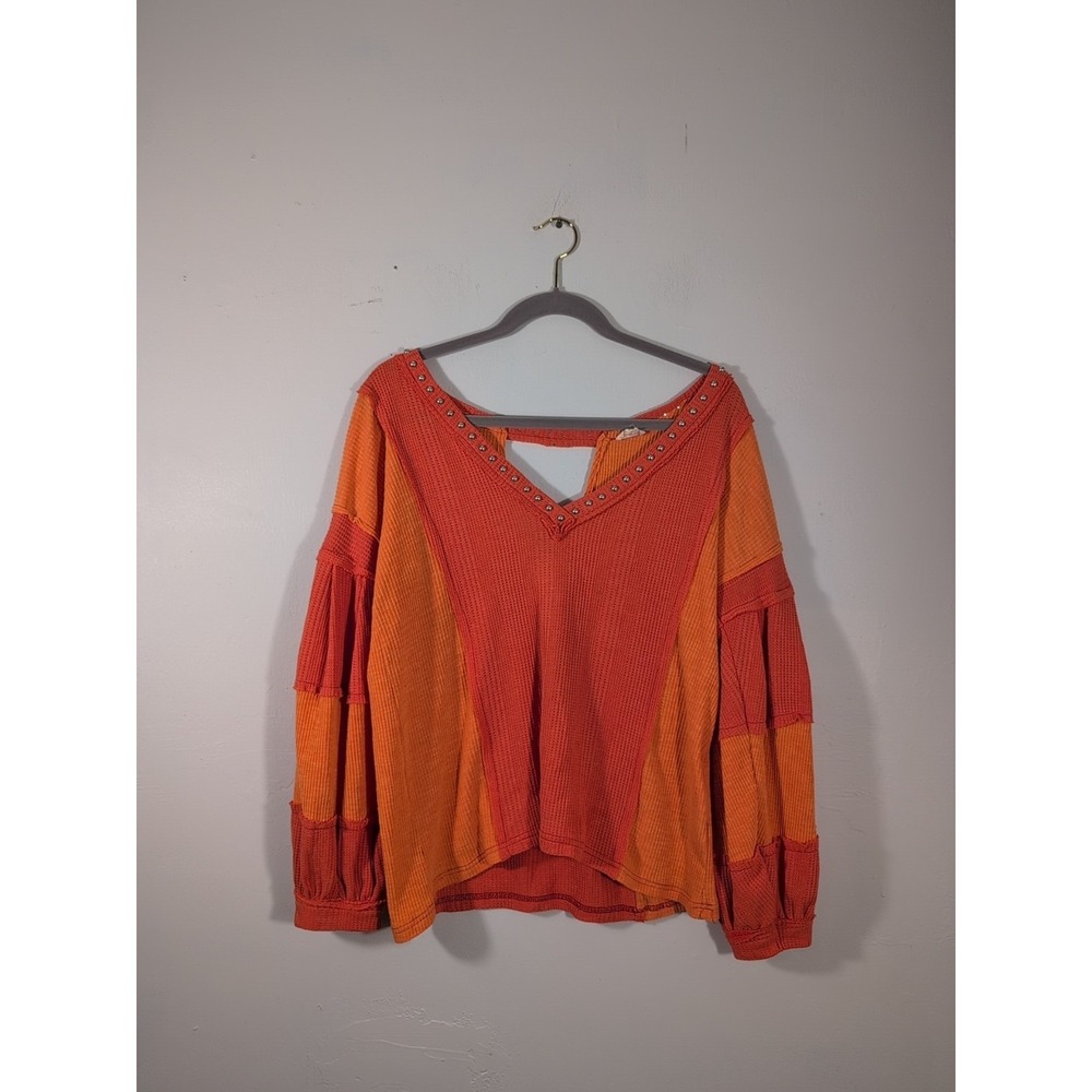 POL Size Medium Thermal Relaxed Fit Patchwork Orange/ Red Striped Top